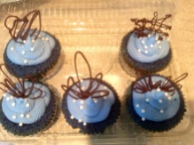 Blue Velvet Cupcake with Blue Cream Cheese Frosting Garnished with Chocolate Tuile & White Chocolate Pearls