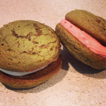 Matcha Whoopie Pies with Raspberry Cream Cheese Filling or Vanilla Mascarpone Cream Cheese Filling